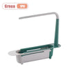 A green adjustable over-sink dish rack organizer with a white handle and tray.