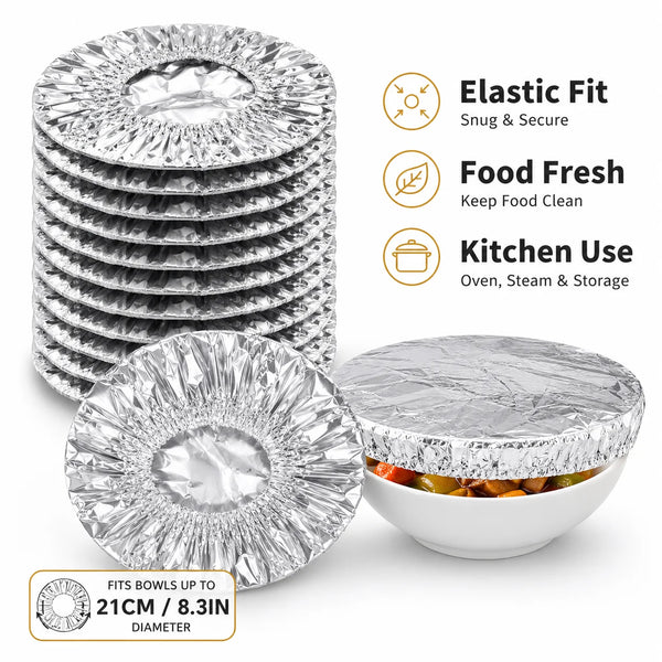Stack of reusable aluminum foil bowl covers with features for elastic fit, food freshness, and kitchen use.