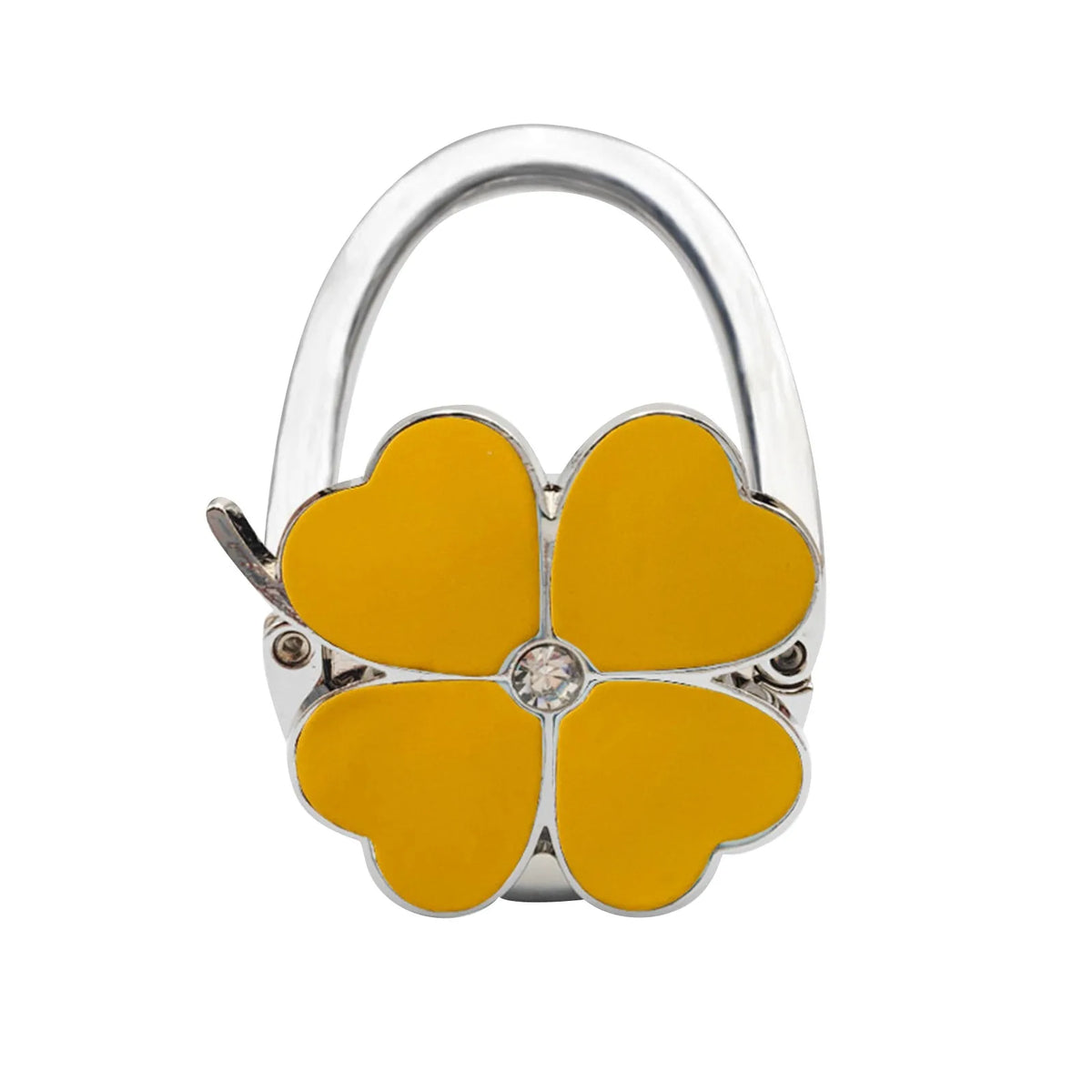 Silver foldable handbag hook with a yellow flower design.