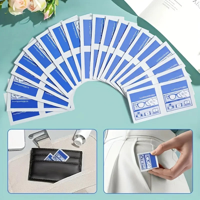 A fan of disposable lens and screen cleaning wipes in a blue and white pack, shown alongside a leather wallet.