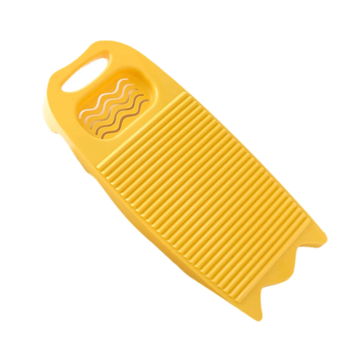 Yellow thickened washboard for delicate laundry with a handle and ribbed surface