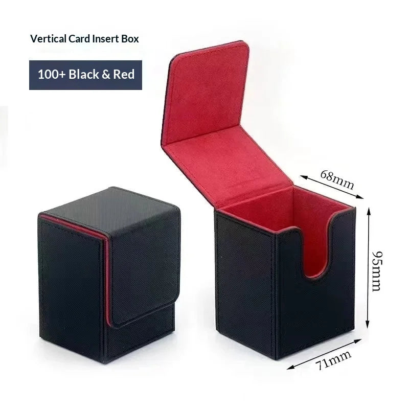 A vertical card insert box in black and red, shown as a closed box and an open box with dimensions.
