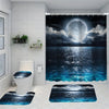 A shower curtain featuring a large moon-like planet above a dark ocean view.