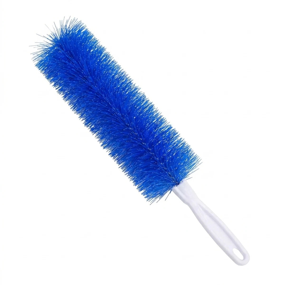 A bright blue ceiling fan cleaning brush with a white handle.