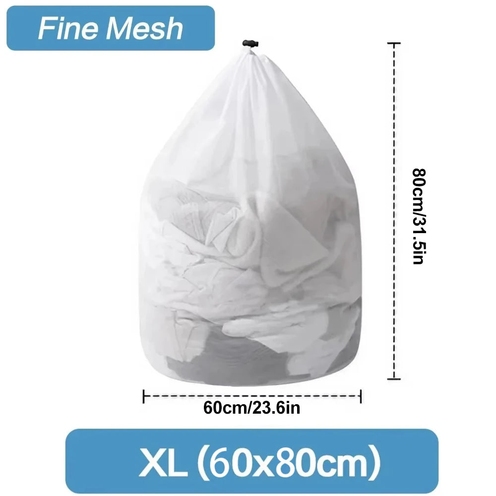 White fine mesh drawstring laundry bag with a black top, shown in a top-down view.