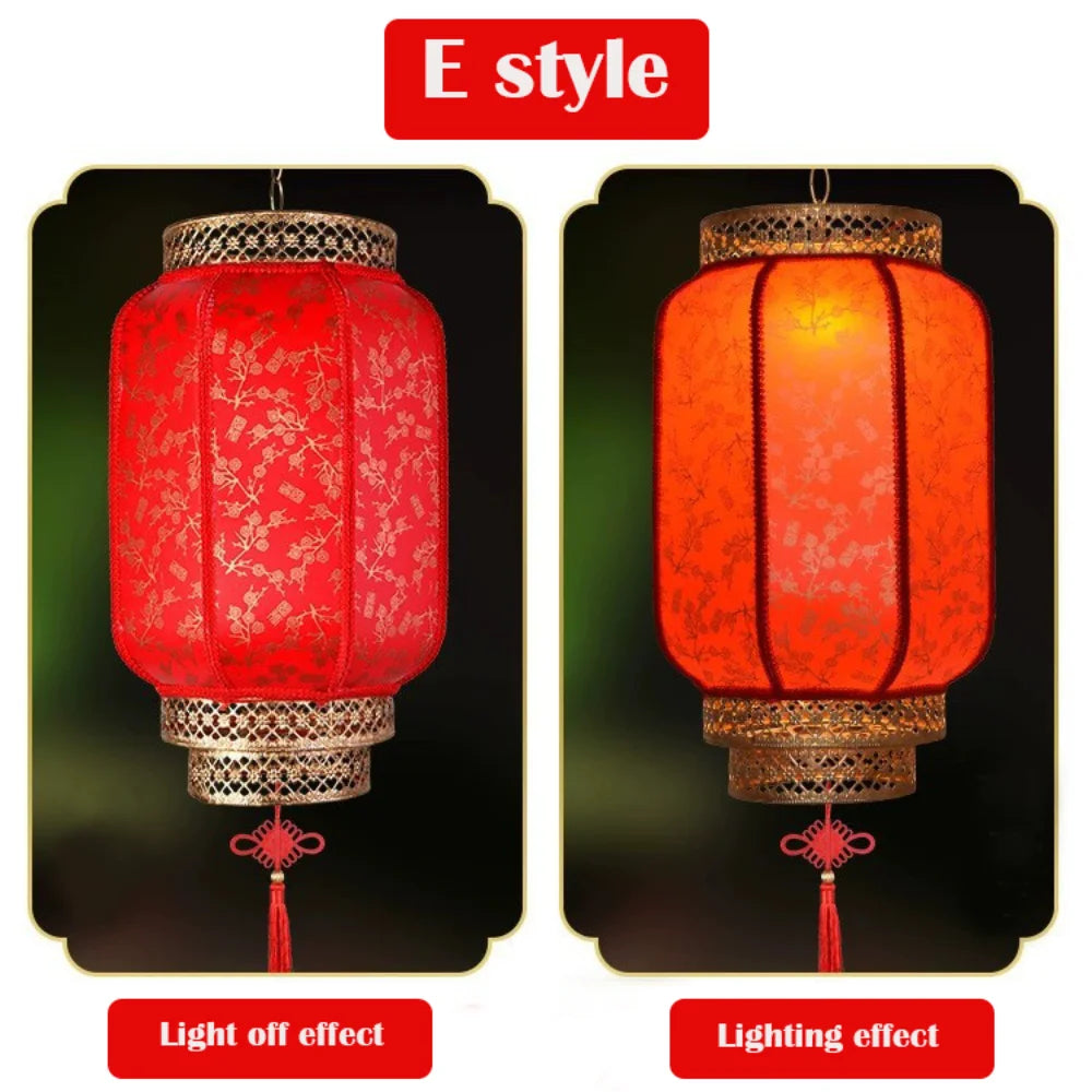 A red Chinese lantern with a textured fabric and metal frame shown in both light off and lighting effects.