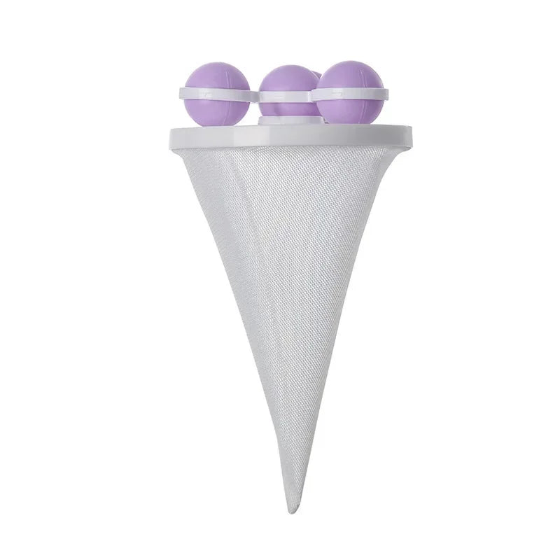 A white cone-shaped pet hair lint filter bag with three purple balls on top.