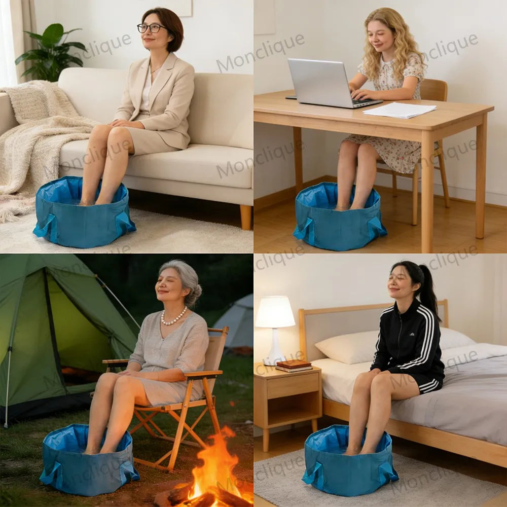 A person sitting in a blue portable folding foot bath basin outdoors next to a campfire.