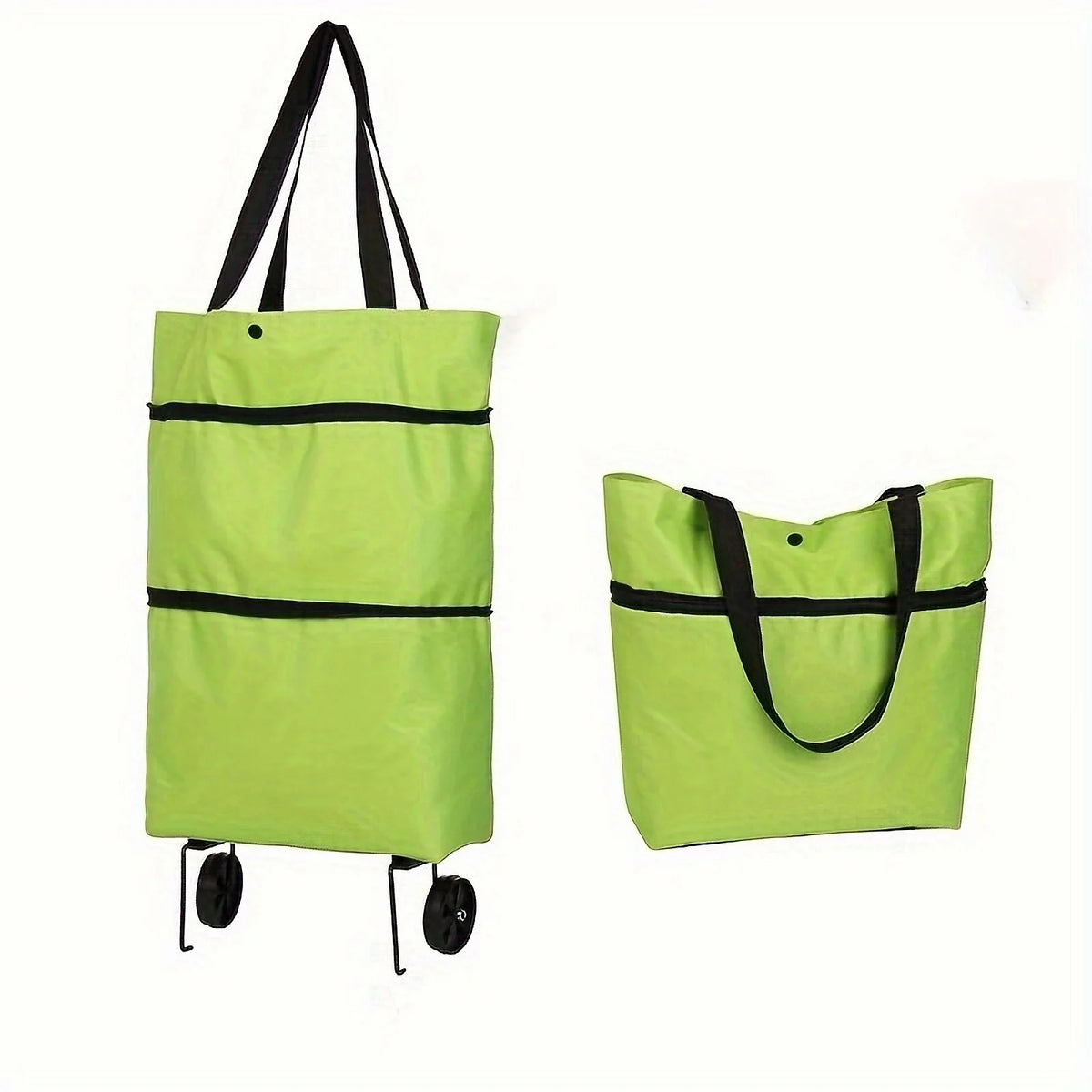 A lime green foldable shopping bag with black handles and a black base.