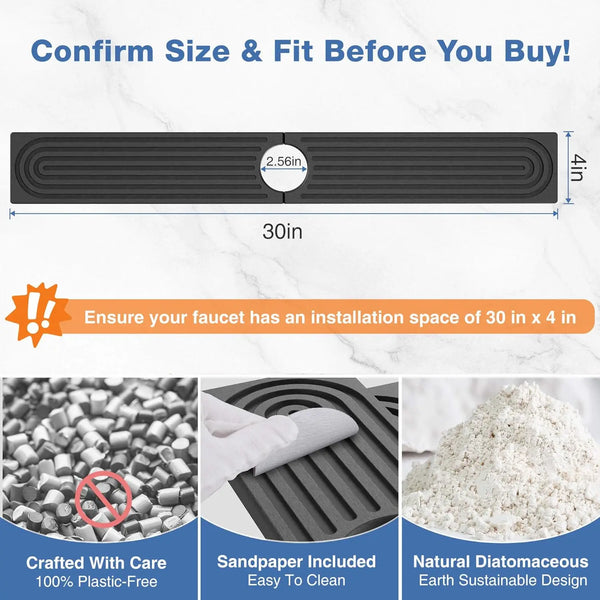 Black silicone diatomaceous faucet mats measuring 30 in by 4 in for kitchen and bathroom use