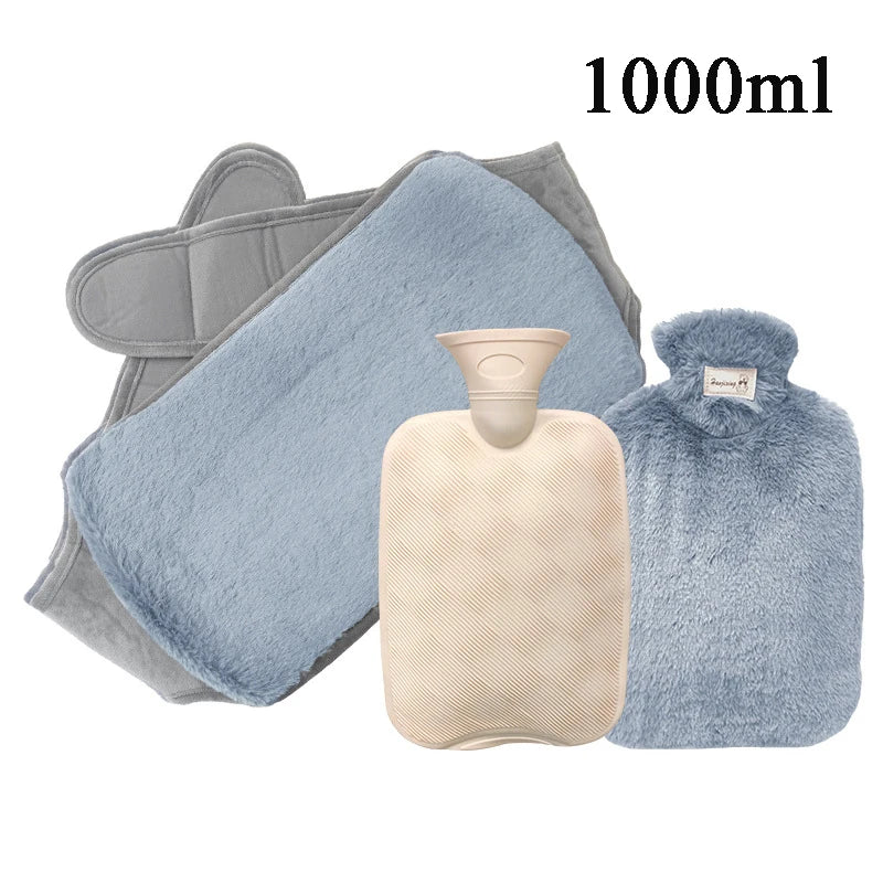 A set of three light blue insulated hot water bottles with comfort covers and a waist belt.