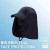 A dark blue fishing sun hat with a big brim providing full face protection.