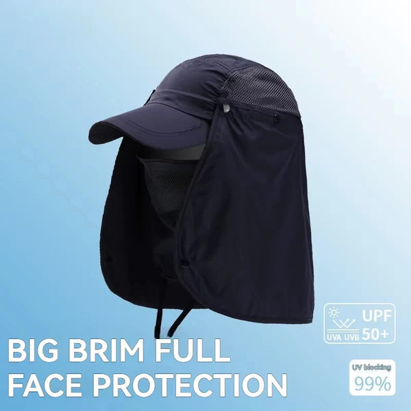 A dark blue fishing sun hat with a big brim providing full face protection.