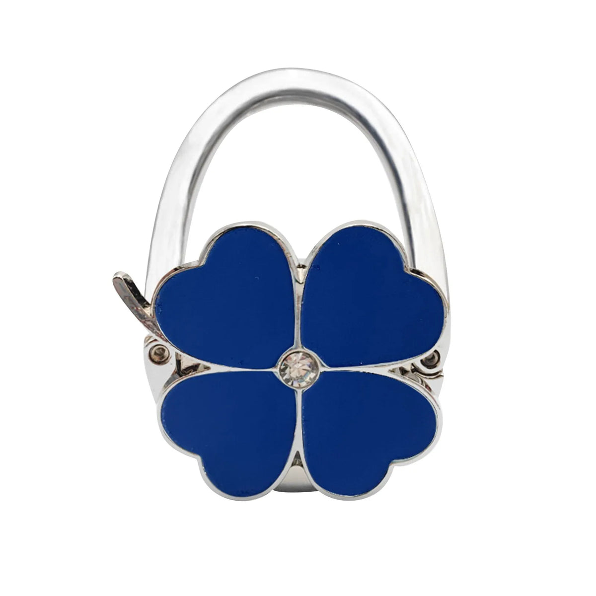 Silver foldable handbag hook shaped like a blue flower with a clear stone center