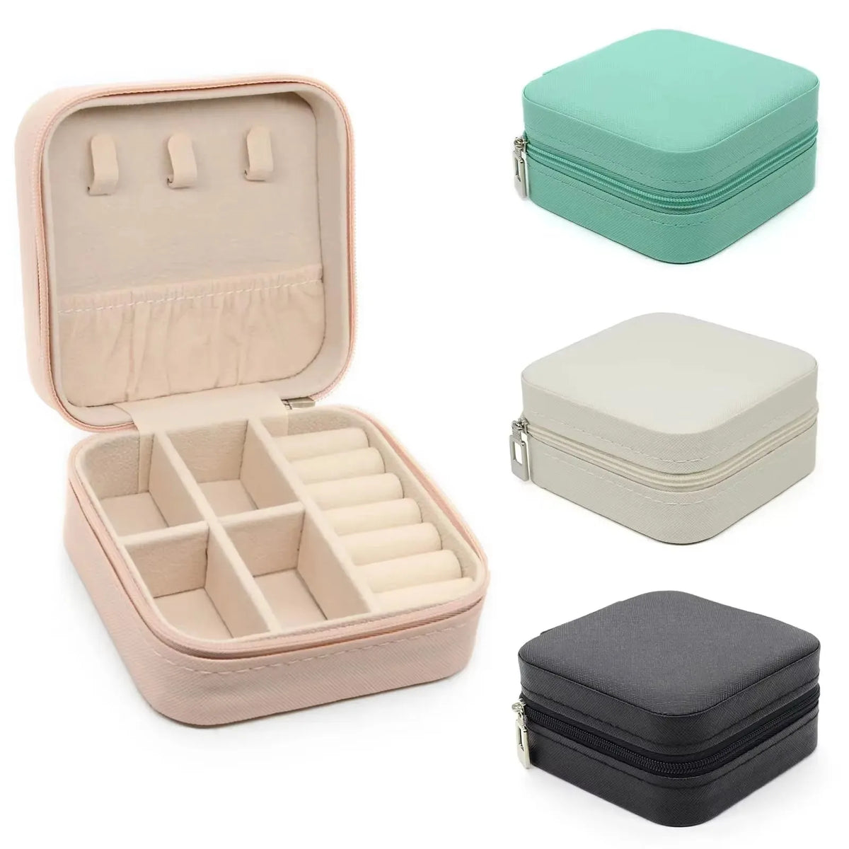 A set of portable PU leather jewelry storage boxes in pink, beige, and gray.