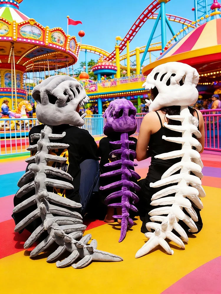 A costume set featuring realistic dinosaur skeletons in gray and purple colors standing in a colorful amusement park