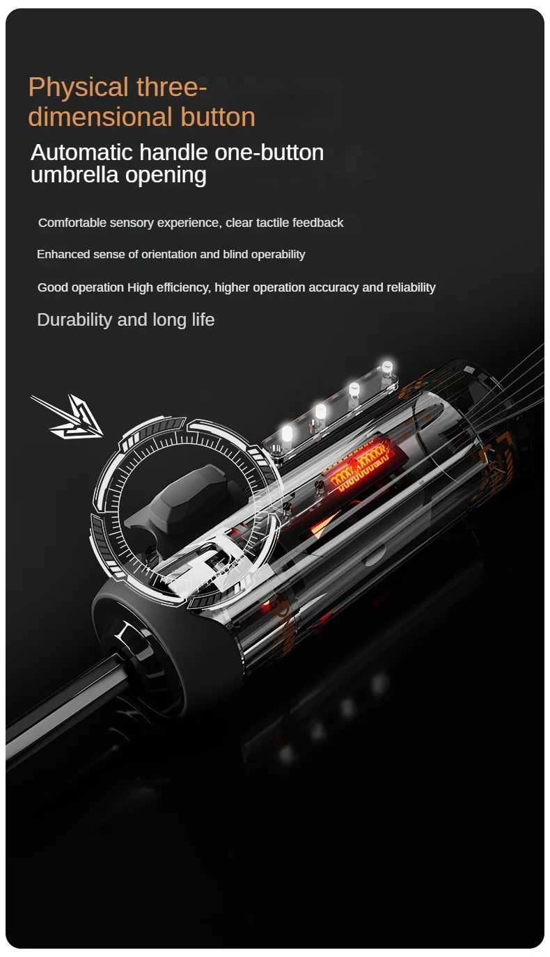 Close-up view of a black heavy-duty windproof sun umbrella with a metallic handle and illuminated features.