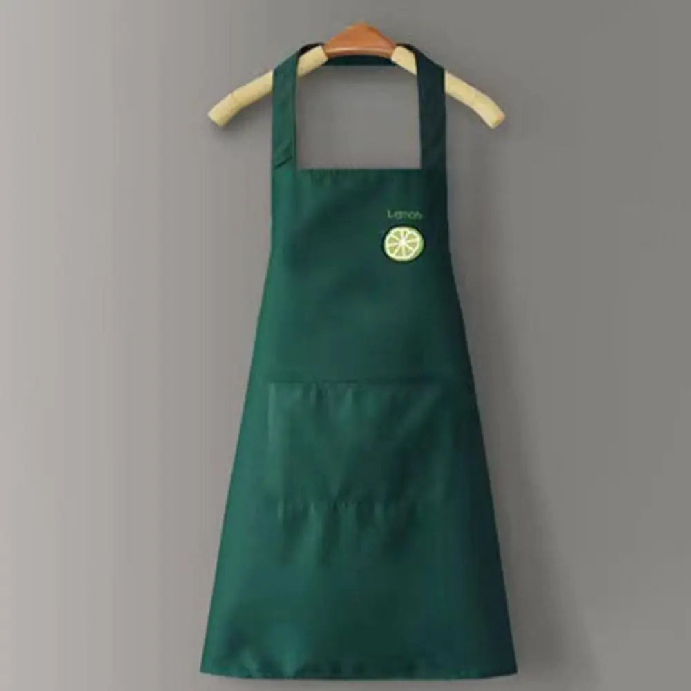 A dark green chef apron with a large front pocket and wooden hanger.