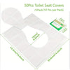 A stack of white disposable toilet seat covers, showing the size and packaging details.