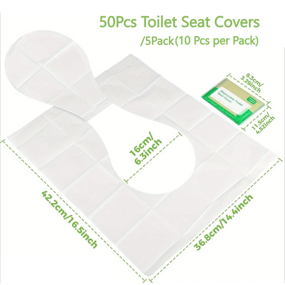 A stack of white disposable toilet seat covers, showing the size and packaging details.