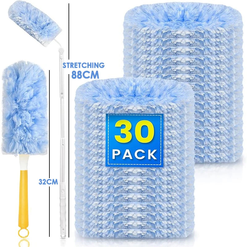 Blauer elektrostatischer Staubentferner-Pinsel in einer 30er-Packung neben einem Handgerät zur Dehnung.