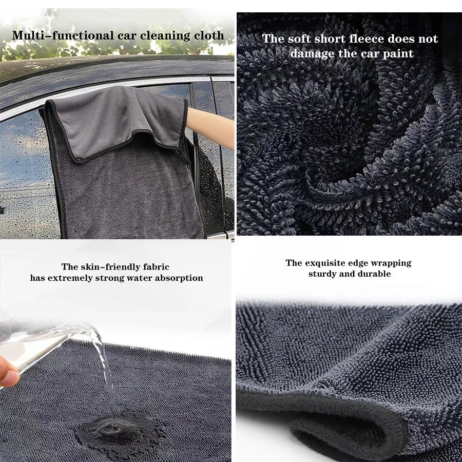 A set of dark gray microfiber car cleaning cloths being used to wipe a car surface.