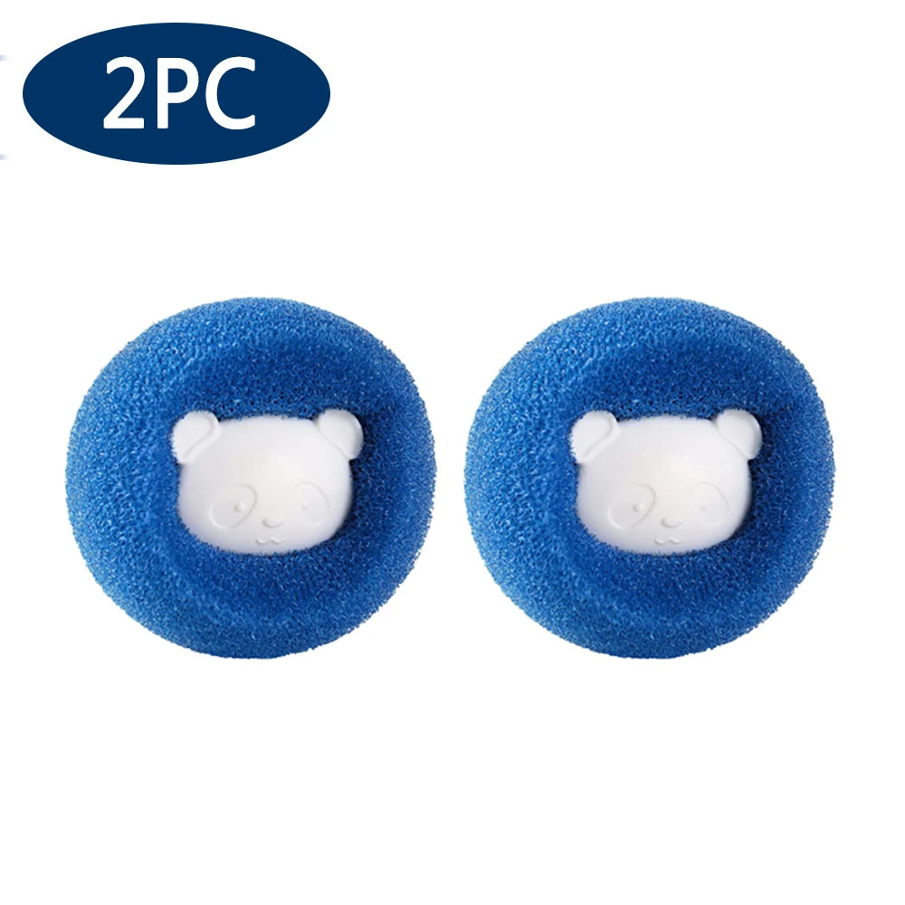 Two blue reusable lint and hair remover balls with white panda heads