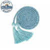 Blue graduation honor cord with tassel ends coiled and displayed next to a circular logo.