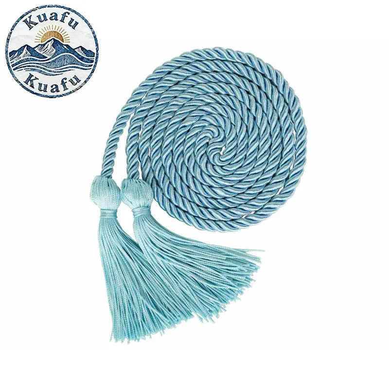 Blue graduation honor cord with tassel ends coiled and displayed next to a circular logo.