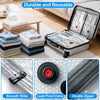 Vacuum storage bags with electric pump showing various sizes and a close-up of the smooth slide, leak proof valve, and double