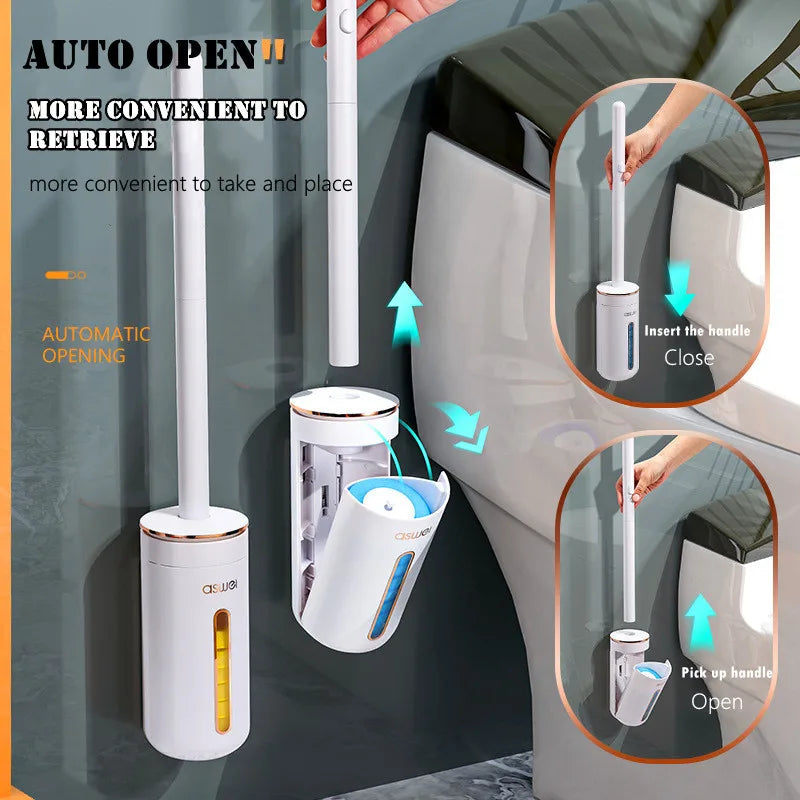 Wiederverwendbare, wandmontierte WC-Bürsten-Sets mit automatischem Öffnungs- und Schließmechanismus.