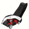 A heavy-duty protective cover in black and silver is shown over a red lawn mower.