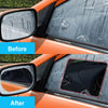 Before and after comparison of anti-fog and rainproof film on a car mirror and window.