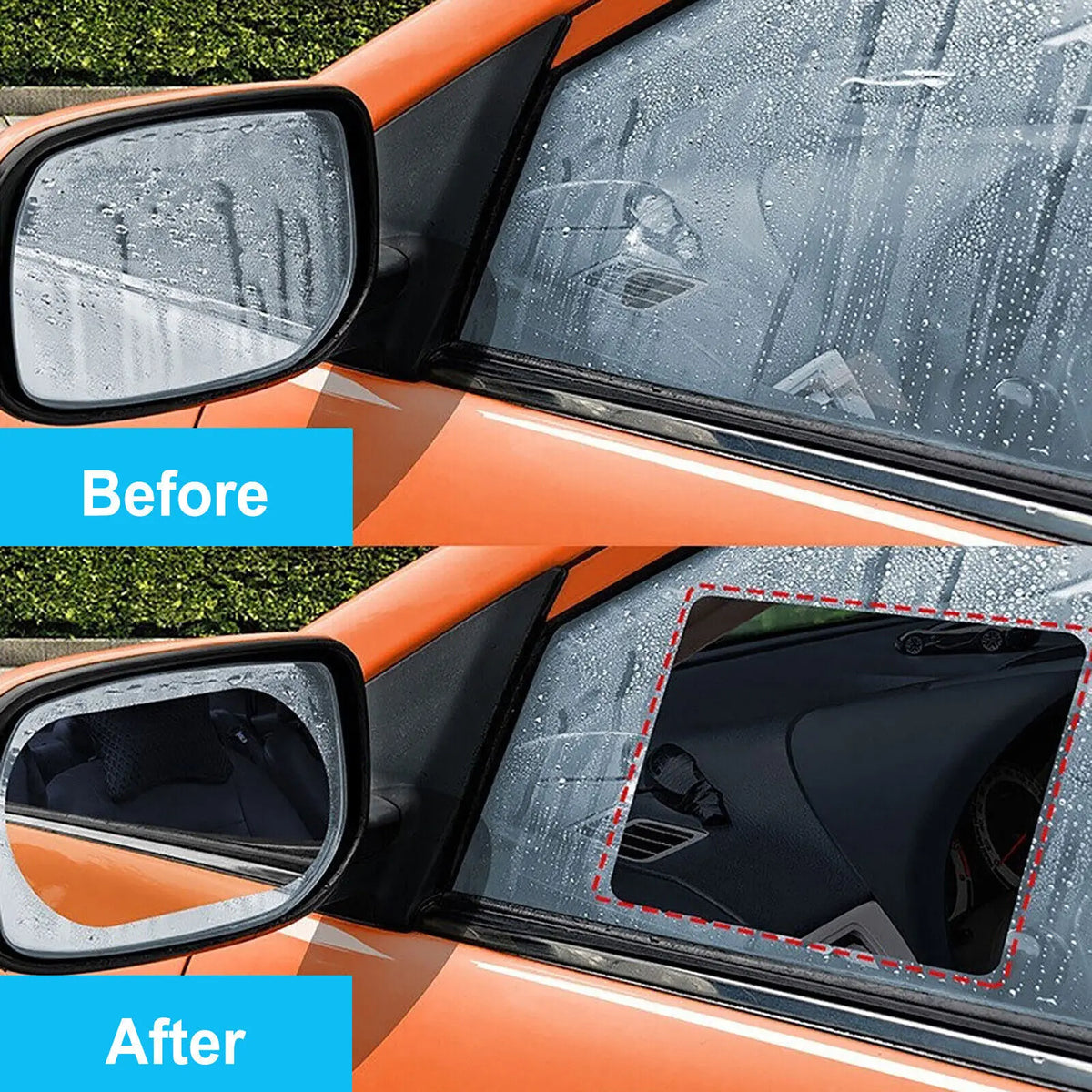 Before and after comparison of anti-fog and rainproof film on a car mirror and window.