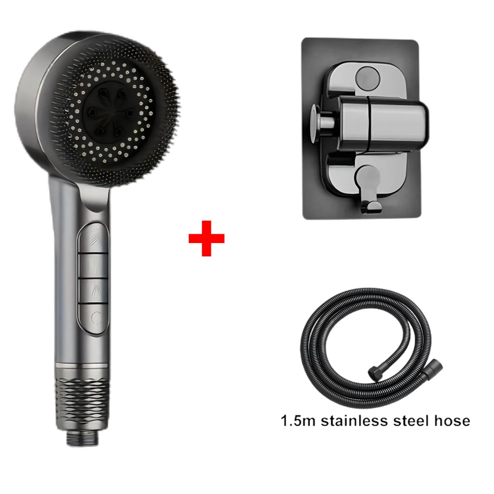 A silver high pressure shower head, a mounting plate, and a 1.5m stainless steel hose are shown.