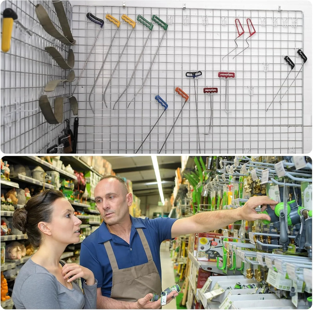 A close-up of heavy-duty mesh grid display hooks with various colored hangers and tools displayed on a white board.