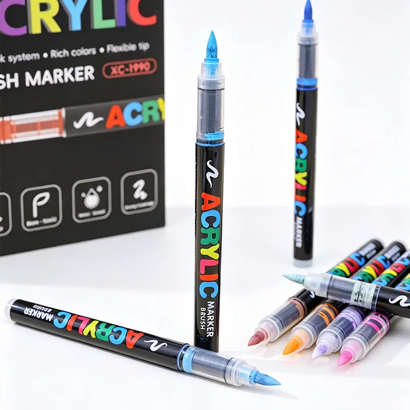A set of acrylic markers with various colors and tips displayed next to a packaging box.