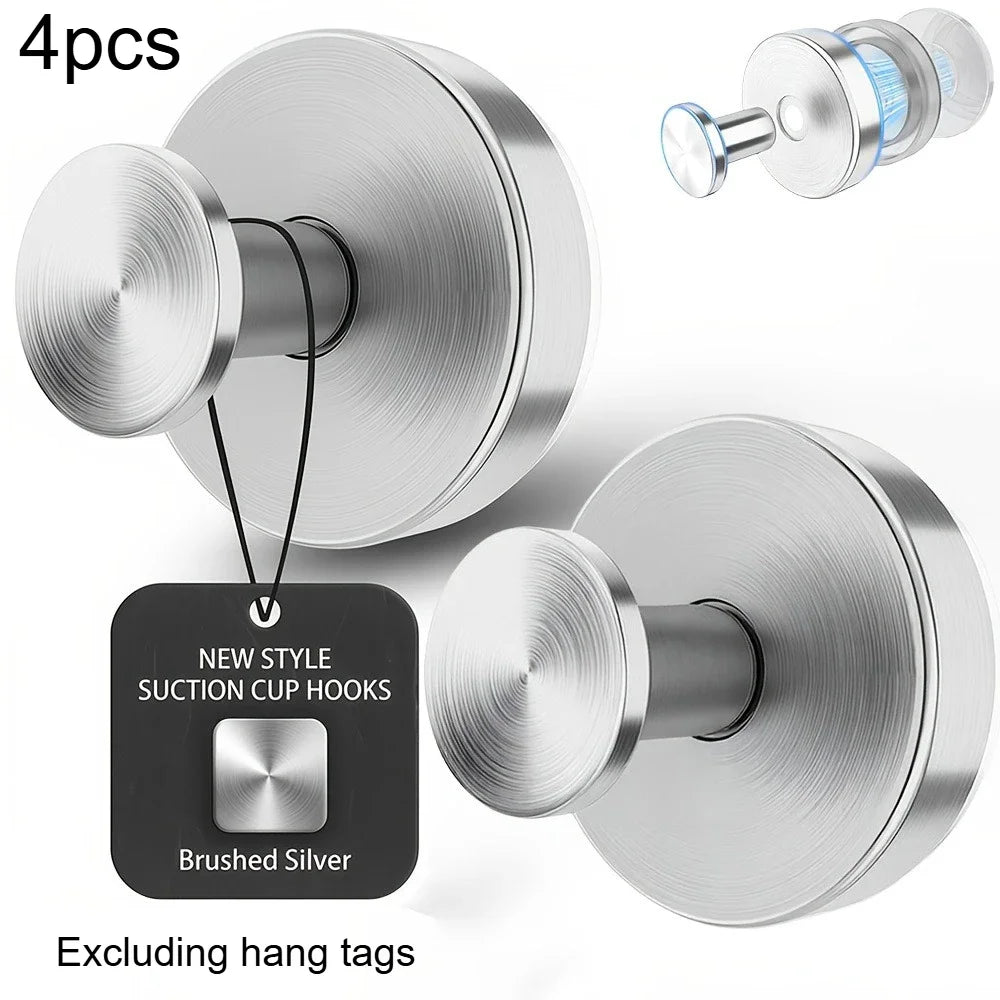 Four brushed silver suction cup hooks for glass and tile, shown in various angles.