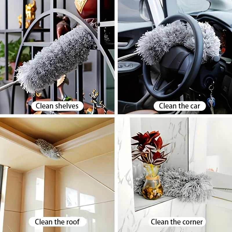 Images showing an extendable microfiber duster cleaning shelves, a car interior, a ceiling, and a corner.