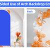 Two sides of an arch backdrop cover showing orange and white balloons against a blue background.