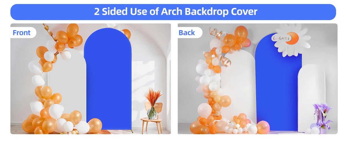 Two sides of an arch backdrop cover showing orange and white balloons against a blue background.