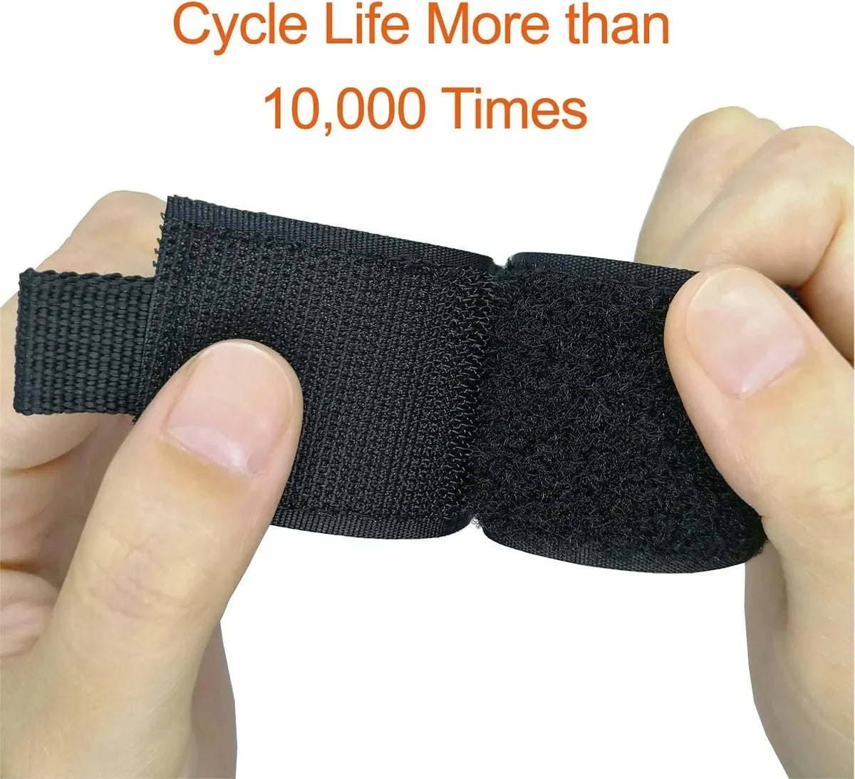 A hand holds a black heavy-duty nylon cord and hose organizer strap.