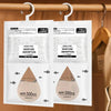 Two white mesh bags with hooks are displayed hanging on a wooden rod, labeled for moisture absorption.