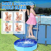 A girl stands on a ladder next to a pool, with options for cleaning pools using sand, gravel, dirt, and weed.
