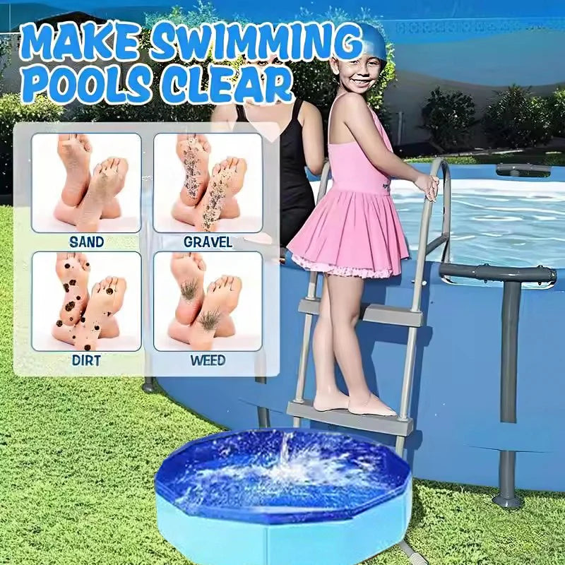 A girl stands on a ladder next to a pool, with options for cleaning pools using sand, gravel, dirt, and weed.