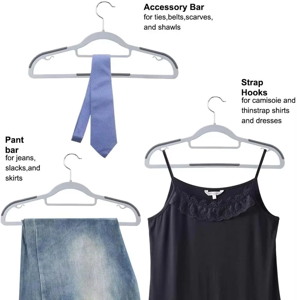 A set of non-slip heavy-duty plastic hangers featuring an accessory bar for ties, belts, scarves, and shawls, and strap hooks