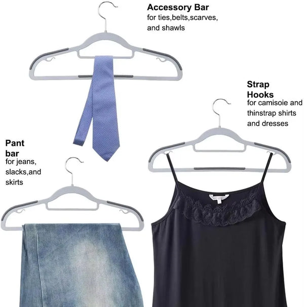 A set of non-slip heavy-duty plastic hangers featuring an accessory bar for ties, belts, scarves, and shawls, and strap hooks