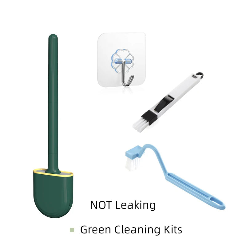 Un ensemble de brosses de toilette et d'outils de nettoyage en silicone, fixés au mur.