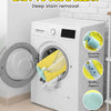 A white laundry bag is shown inside a modern washing machine with text indicating easy stain removal and high permeability.