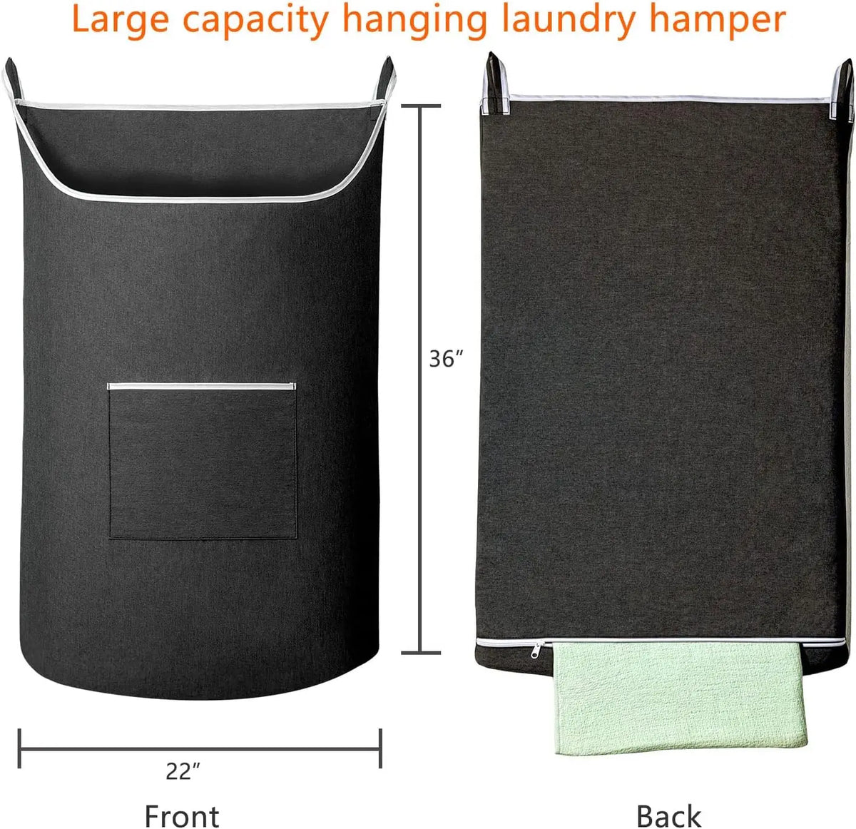 A large capacity hanging laundry hamper shown from the front and back, featuring a dark gray fabric and a light green accent.